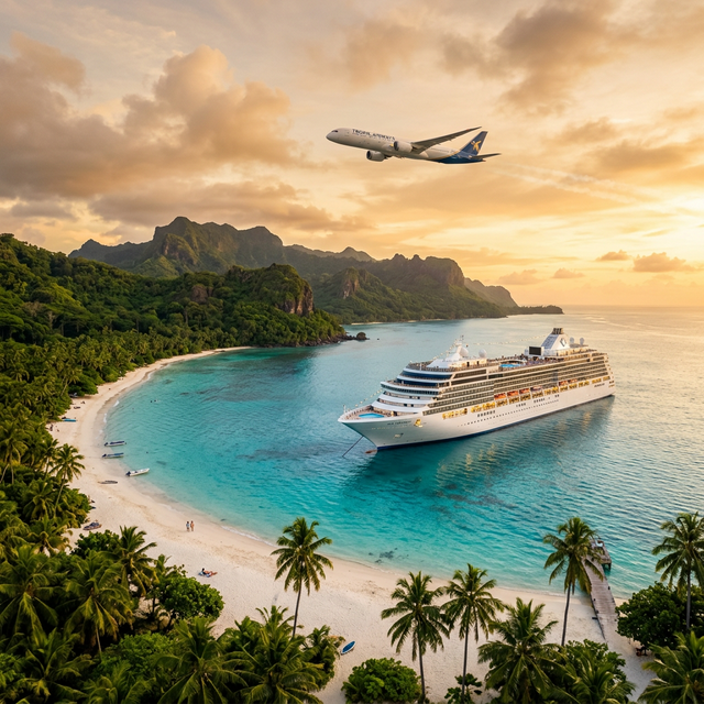 Traumstrand mit Kreuzfahrtschiff bei Sonnenuntergang